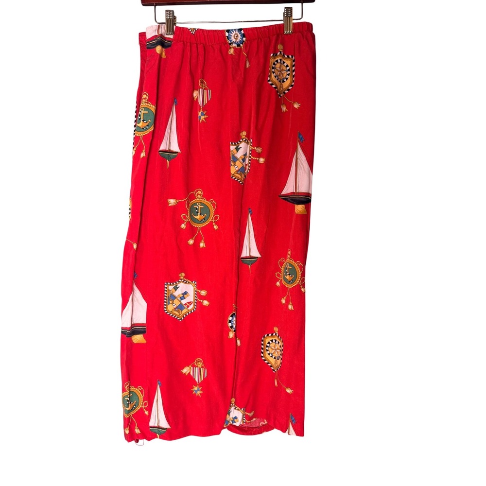 80s Susan Bristol Vintage Red Nautical Sailboat Rayon Wrap Midi Skirt Womens 12